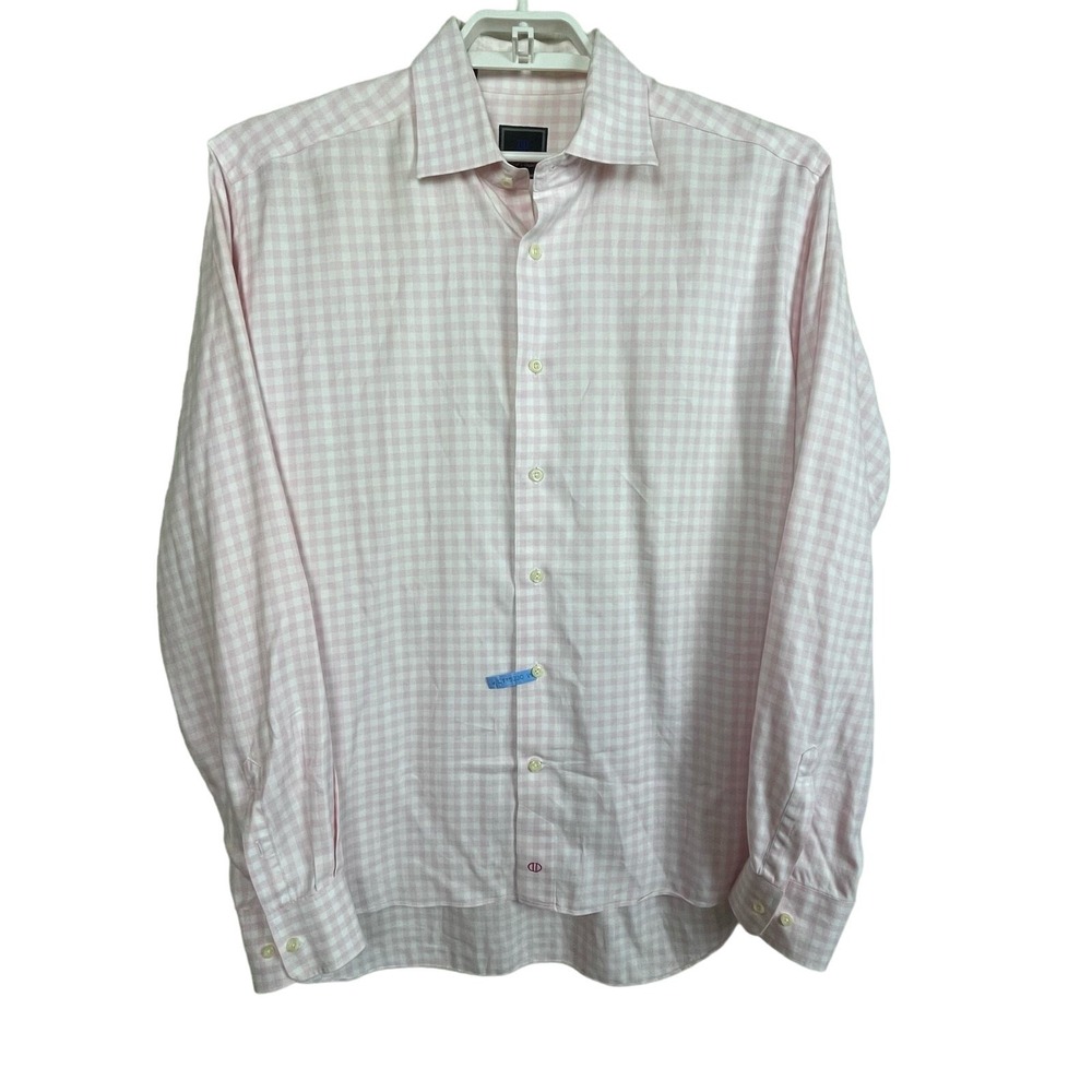 David Donahue Trim Men's Sz 17 36/37 Pink White Gingham Plaid Long Sleeve Shirt‎